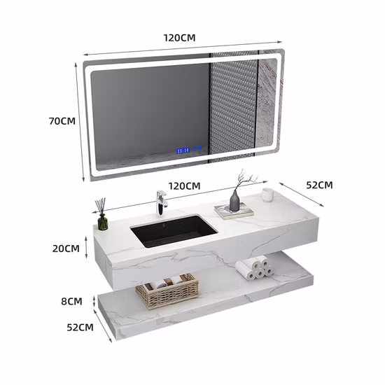 モダンな大型木製バスルームキャビネット焼結石化粧台カウンタートップ LED ミラー高級バス家具コンボ